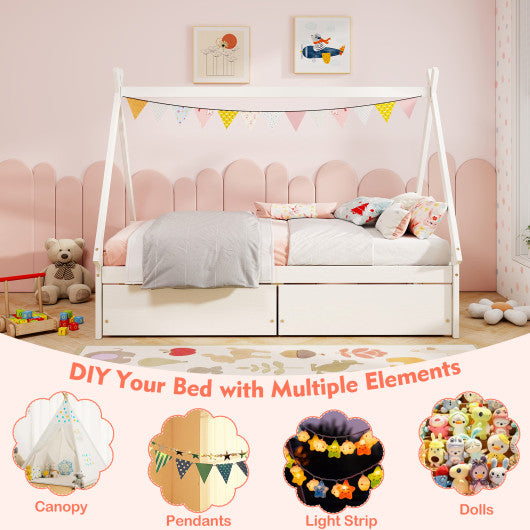 Twin Size Wooden Tent Platform House Bed with 2 Drawers-White