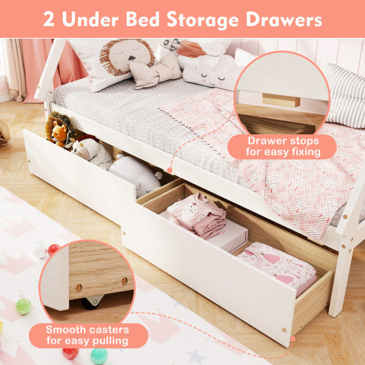 Twin Size Wooden Tent Platform House Bed with 2 Drawers-White