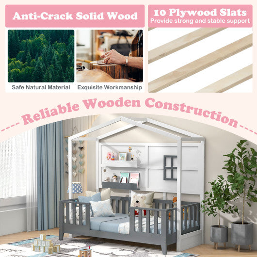 Twin Wood House Bed Montessori Floor Bed with 2 Shelves and Guardrails-Gray & White