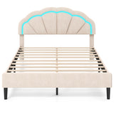 Upholstered LED Bed Frame with Adjustable Flower Headboard and Metal Support Feet-Queen Size