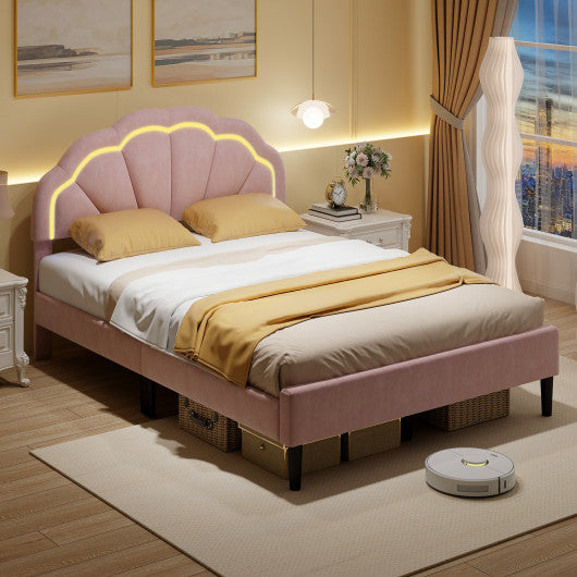 Upholstered LED Bed Frame with Adjustable Flower Headboard and Metal Support Feet Pink-Full Size