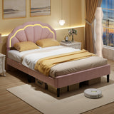 Upholstered LED Bed Frame with Adjustable Flower Headboard and Metal Support Feet Pink-Full Size