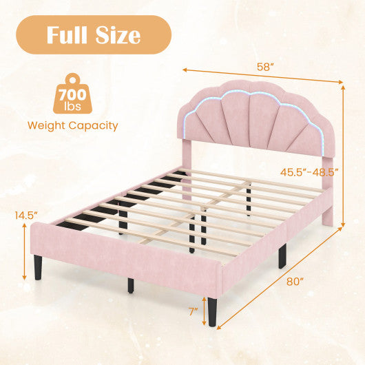 Upholstered LED Bed Frame with Adjustable Flower Headboard and Metal Support Feet Pink-Full Size
