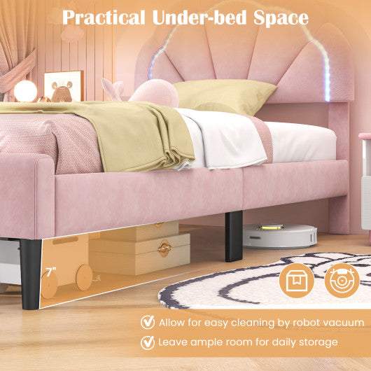 Upholstered LED Bed Frame with Adjustable Flower Headboard and Metal Support Feet Pink-Twin Size