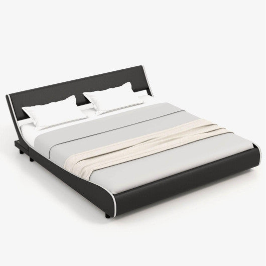 Upholstered Platform Bed Frame Low Profile Faux Leather with Curved Headboard-King Size
