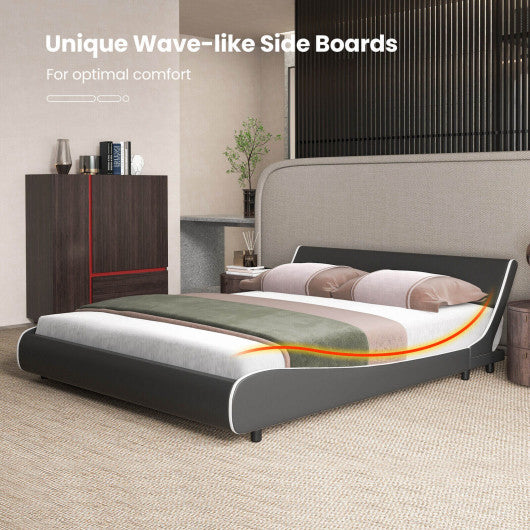 Upholstered Platform Bed Frame Low Profile Faux Leather with Curved Headboard-King Size