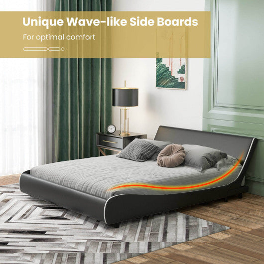 Upholstered Platform Bed Frame Low Profile Faux Leather with Curved Headboard-Queen Size