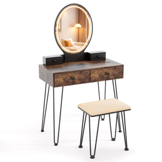Vanity Table Set with 3-Color Lighted Dimmable Mirror-Brown