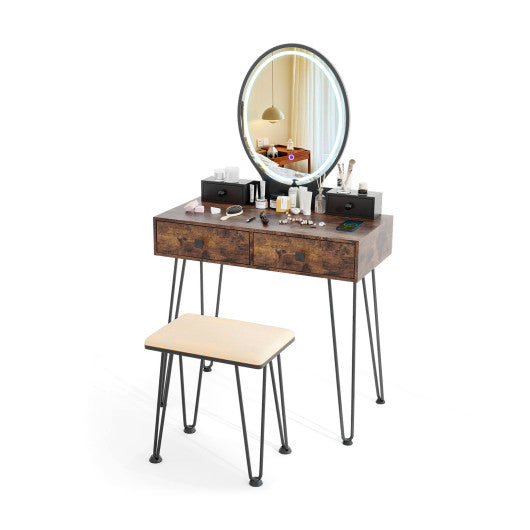 Vanity Table Set with 3-Color Lighted Dimmable Mirror-Brown