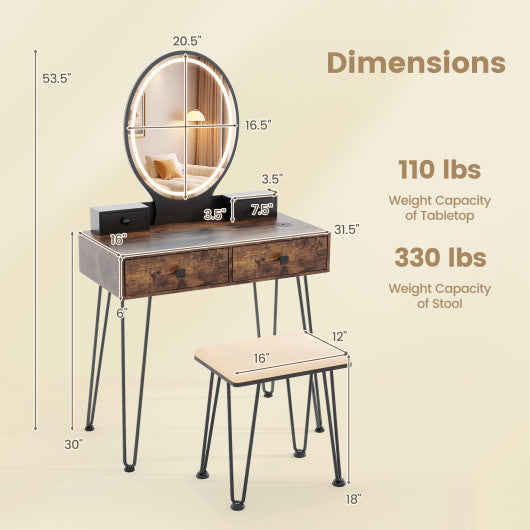 Vanity Table Set with 3-Color Lighted Dimmable Mirror-Brown