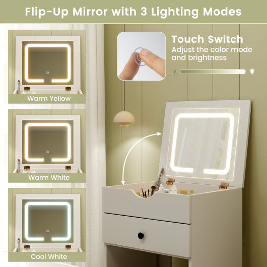 3-in-1 Vanity Set with Cushioned Stool and Flip-up Mirror-White