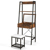 Ladder Vanity Desk Set with Flip Top Mirror and Cushioned Stool-Black