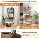 Ladder Vanity Desk Set with Flip Top Mirror and Cushioned Stool-Black