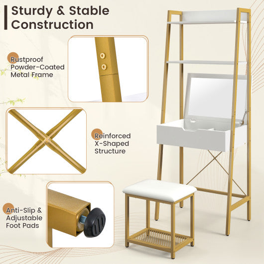 Ladder Vanity Desk Set with Flip Top Mirror and Cushioned Stool-Golden