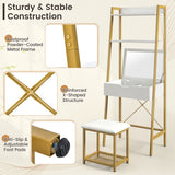 Ladder Vanity Desk Set with Flip Top Mirror and Cushioned Stool-Golden