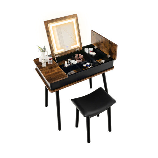 Vanity Table Set with Flip Top Mirror Lights USB Writing Desk and Stool-Brown
