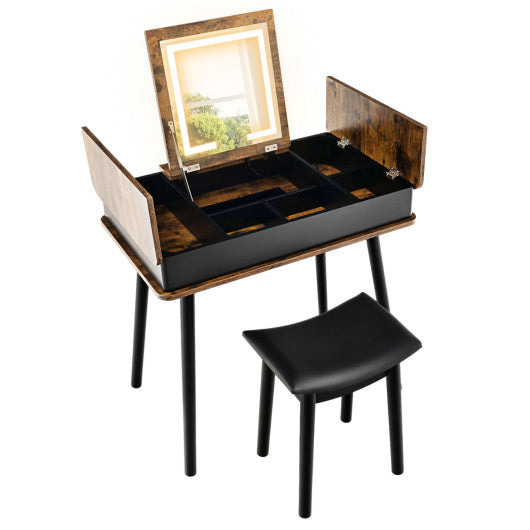 Vanity Table Set with Flip Top Mirror Lights USB Writing Desk and Stool-Brown