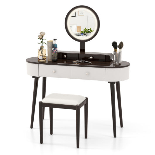 Makeup Vanity Table Set with LED Mirror and 3 Spacious Drawers-White-Brown