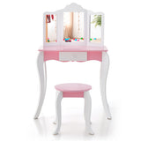 Kid's Wooden Vanity Table and Stool Set  with 3-Panel Acrylic Mirror-White