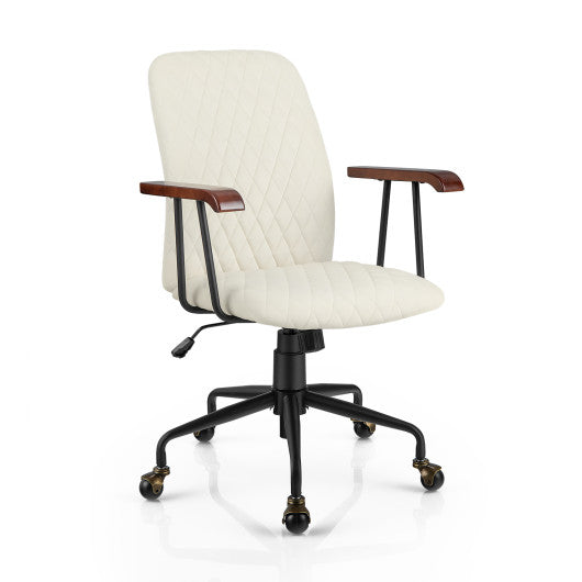 Velvet Home Office Chair with Wooden Armrest-Beige
