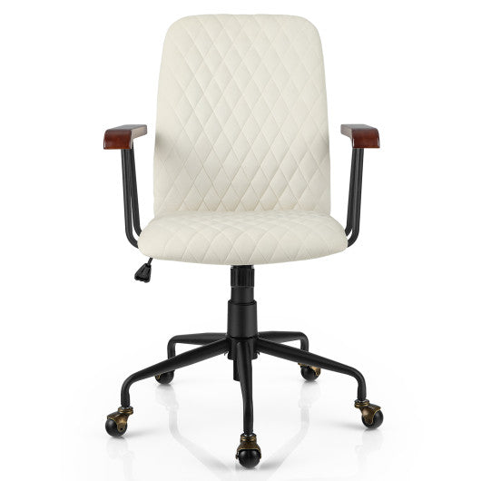 Velvet Home Office Chair with Wooden Armrest-Beige