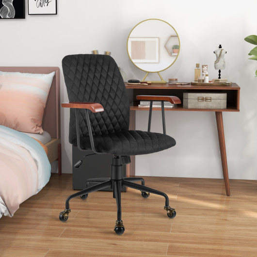 Velvet Home Office Chair with Wooden Armrest-Black