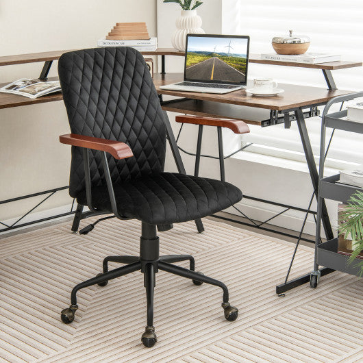 Velvet Home Office Chair with Wooden Armrest-Black