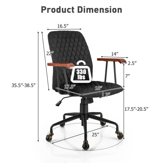 Velvet Home Office Chair with Wooden Armrest-Black