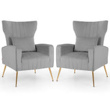 Velvet Upholstered Wingback Chair with Lumbar Pillow and Golden Metal Legs-Gray