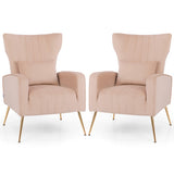 Velvet Upholstered Wingback Chair with Lumbar Pillow and Golden Metal Legs-Pink