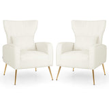 Velvet Upholstered Wingback Chair with Lumbar Pillow and Golden Metal Legs-White