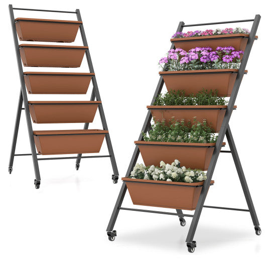 5-Tier Vertical Raised Garden Bed with Wheels and Container Boxes-Brown