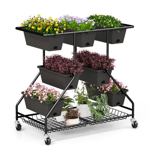 Vertical Raised Garden Bed with 7 Planter Boxes and Storage Baskets-Black