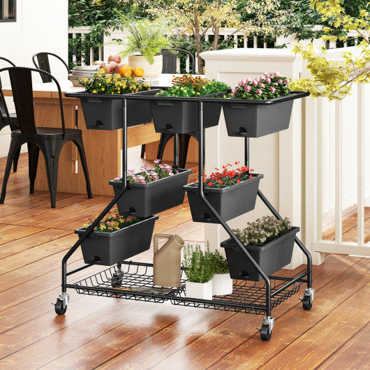 Vertical Raised Garden Bed with 7 Planter Boxes and Storage Baskets-Black