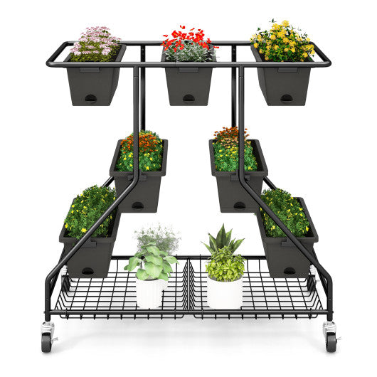 Vertical Raised Garden Bed with 7 Planter Boxes and Storage Baskets-Black