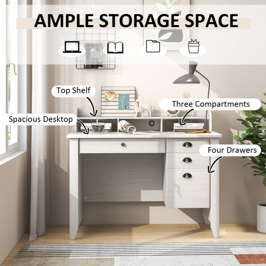 Vintage Computer Desk with Storage Shelves and 4 Drawer-White