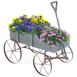 Wooden Wagon Plant Bed with Metal Wheels for Garden Yard Patio-Gray