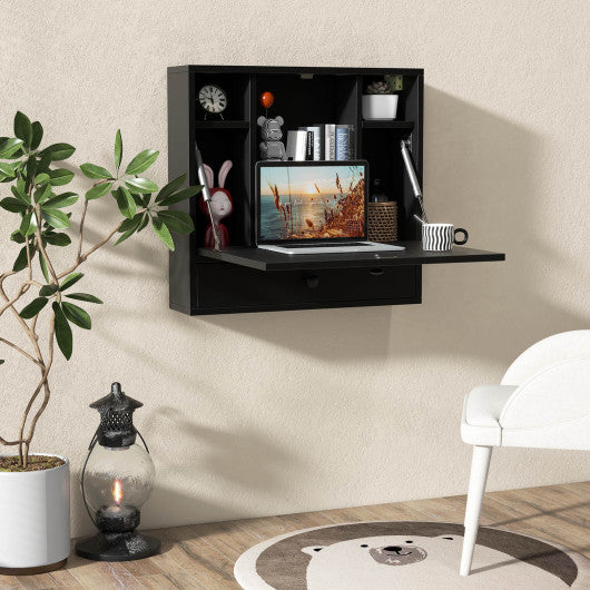 Wall-Mount Floating Desk Foldable Space Saving Laptop Workstation Black