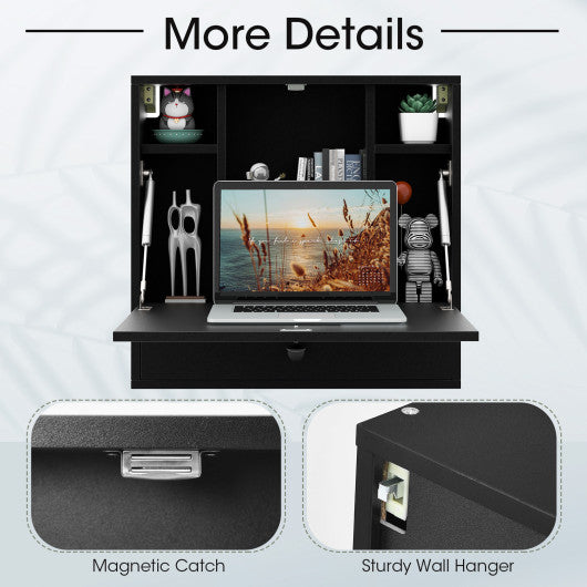 Wall-Mount Floating Desk Foldable Space Saving Laptop Workstation Black