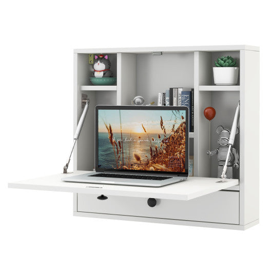 Wall-Mount Floating Desk Foldable Space Saving Laptop Workstation White