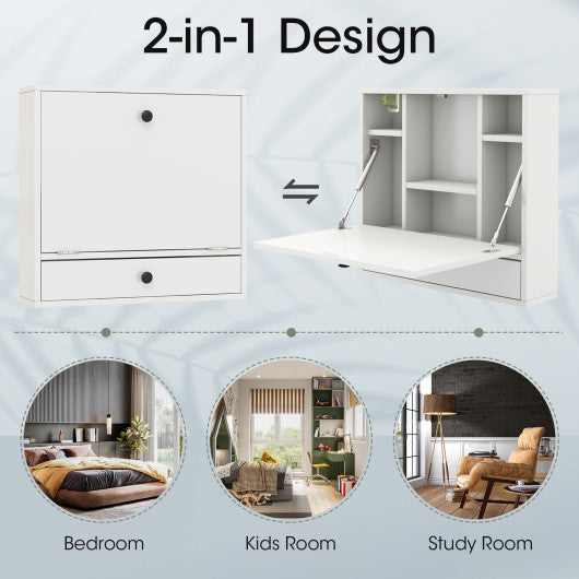 Wall-Mount Floating Desk Foldable Space Saving Laptop Workstation White