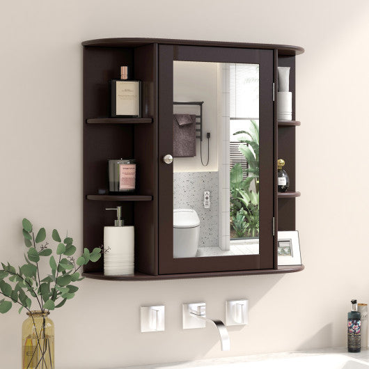 Wall-Mounted Bathroom Mirror Cabinet with Storage Shelves-Brown