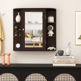 Wall-Mounted Bathroom Mirror Cabinet with Storage Shelves-Brown