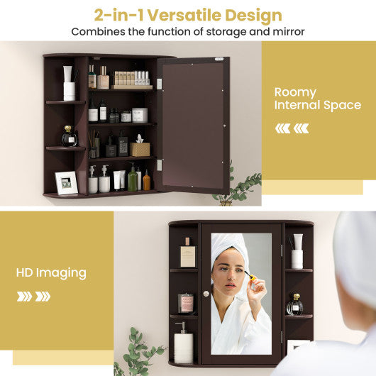 Wall-Mounted Bathroom Mirror Cabinet with Storage Shelves-Brown