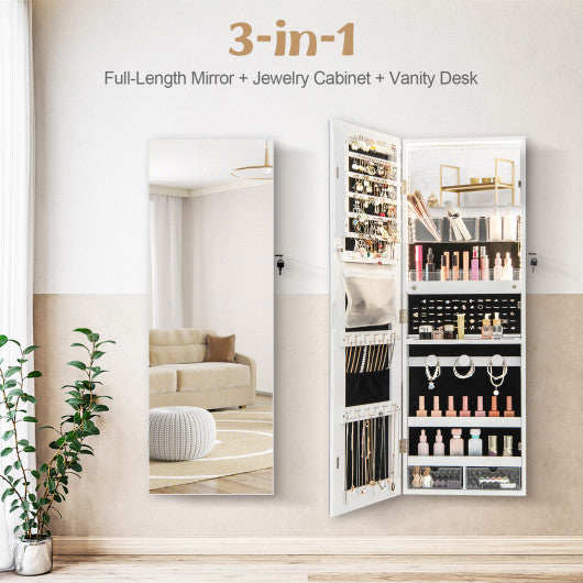 Wall Mounted Jewelry Cabinet with Full-Length Mirror-White