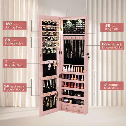 Wall and Door Mounted Mirrored Jewelry Cabinet with Lights-Pink