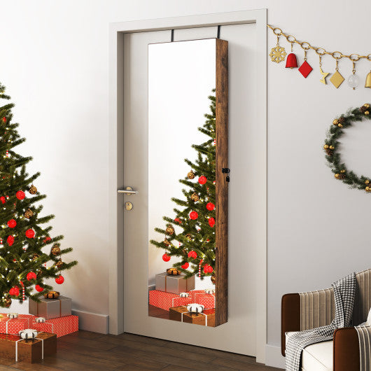 Wall and Door Mounted Mirrored Jewelry Cabinet with Lights-Rustic Brown