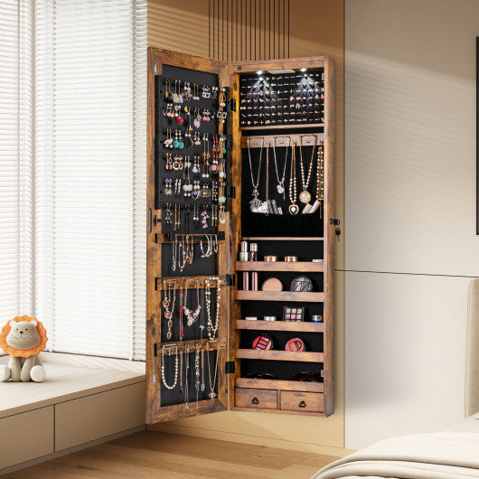 Wall and Door Mounted Mirrored Jewelry Cabinet with Lights-Rustic Brown