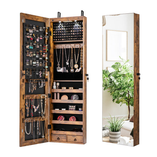 Wall and Door Mounted Mirrored Jewelry Cabinet with Lights-Rustic Brown