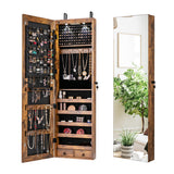 Wall and Door Mounted Mirrored Jewelry Cabinet with Lights-Rustic Brown